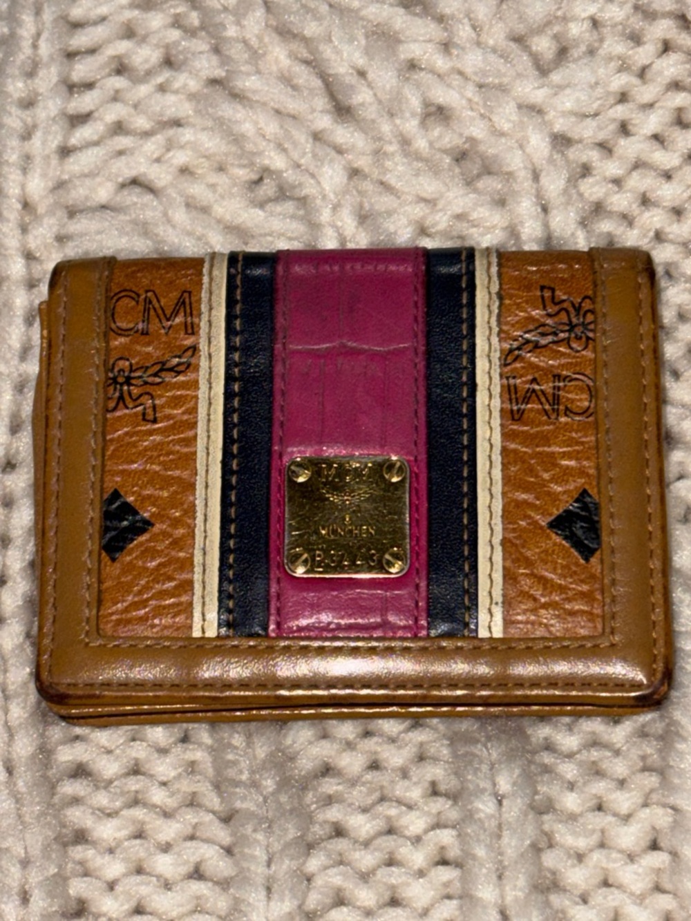 MCM Cognac Small Leather Wallet with Pink and Navy Stripe